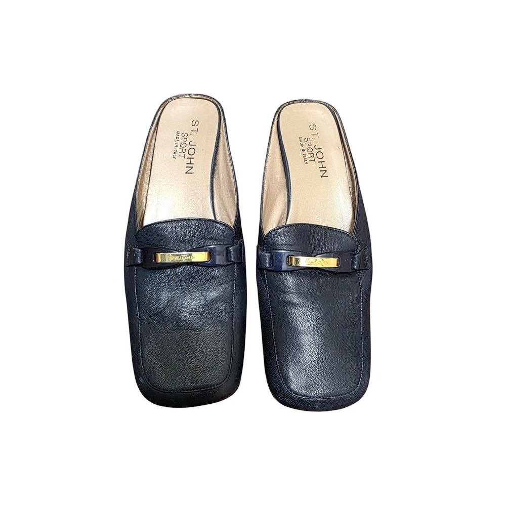 St. John Sport Womens Navy Leather Mules Size 8.5 With Gold Accent